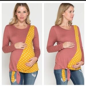 Querencial Maternity Soft Stretchy Color Block Dot Print Front Tie Knot Top